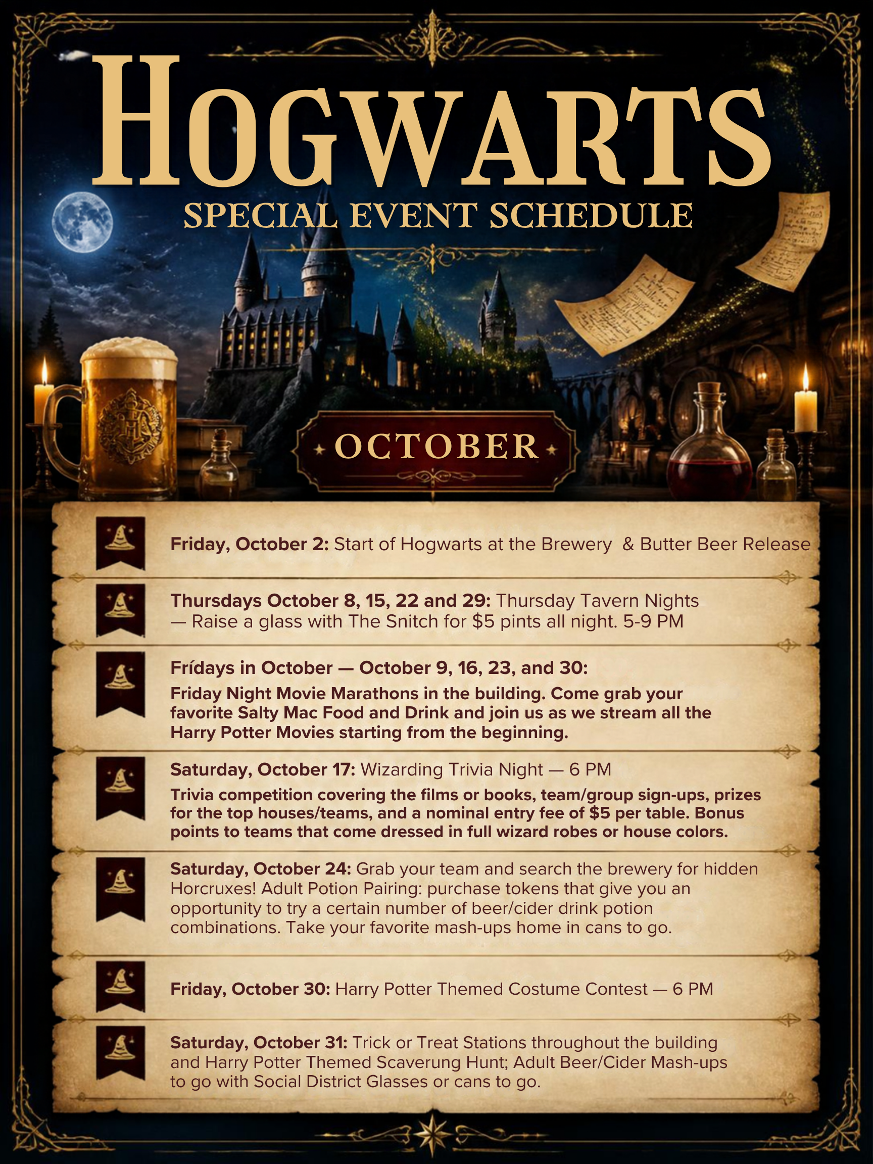 Hogwarts Brewery 2026 Event Schedule